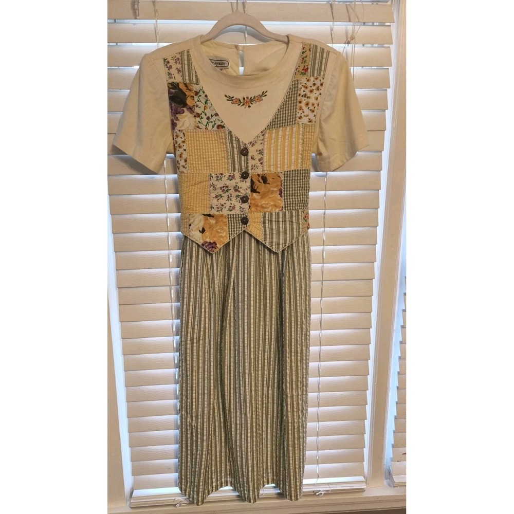 Vtg Womens Patch Vest Embroidered Artsy Granny Cottagecore Prairie Maxi Dress 2P